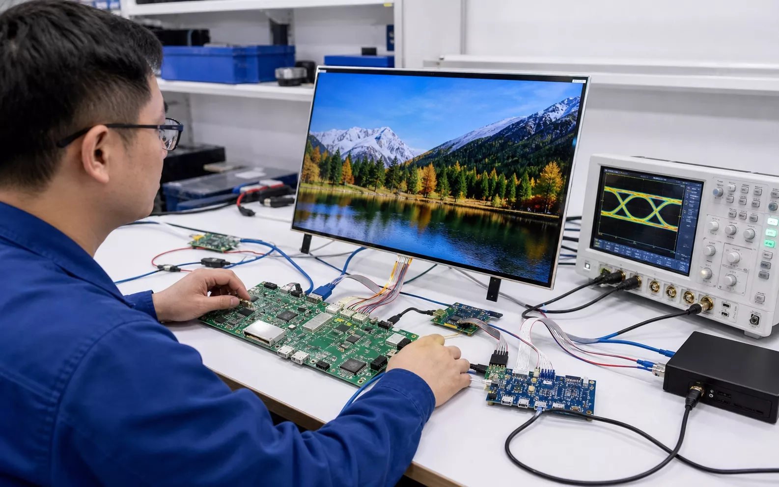 Electronics engineer testing a display module, custom PCB and interface signals with an oscilloscope