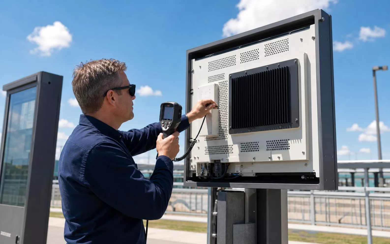 Engineer checking the heat sink and ventilation of an outdoor display enclosure with a thermal inspection instrument