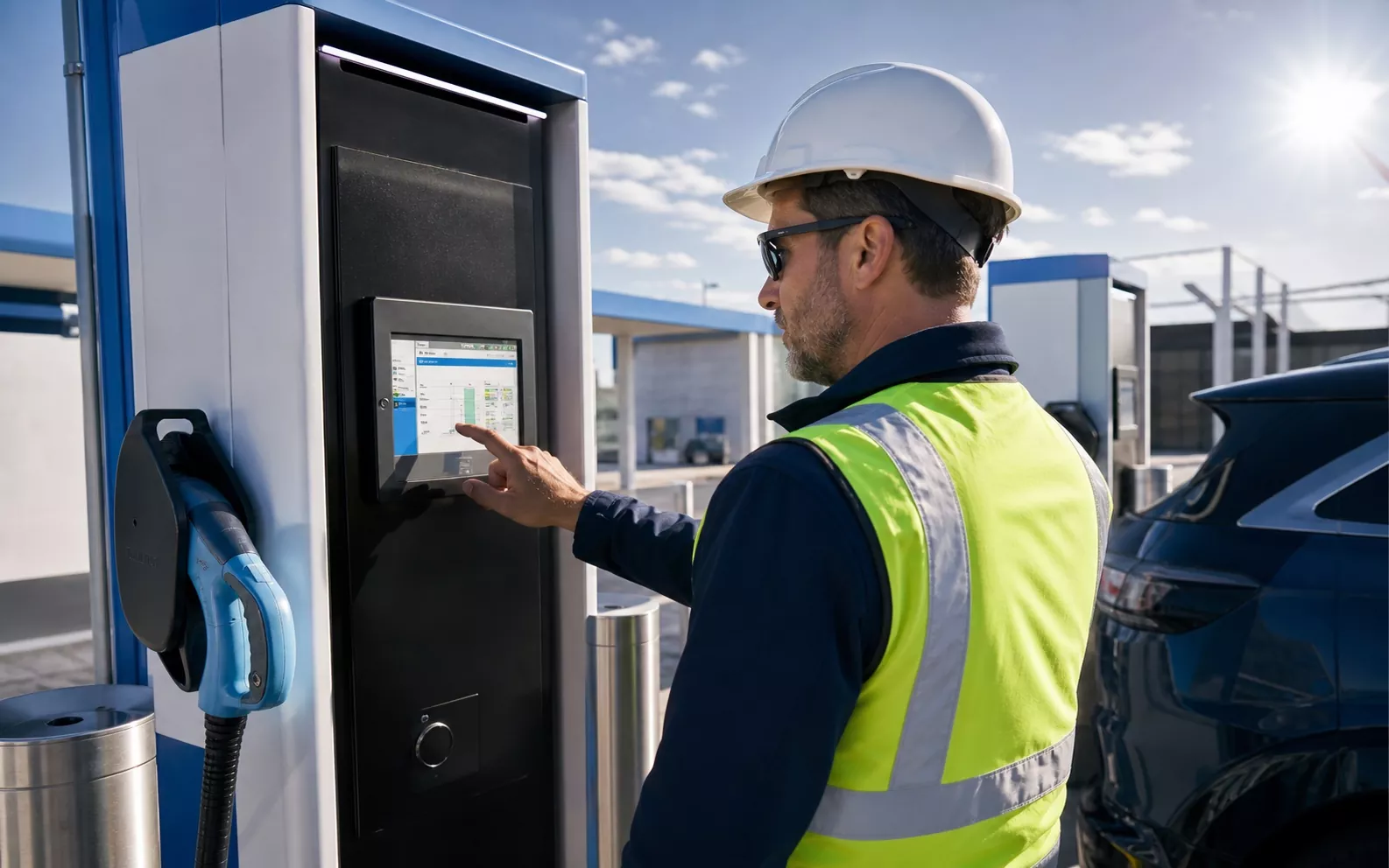 Engineer operating a sunlight-readable display terminal in strong outdoor daylight