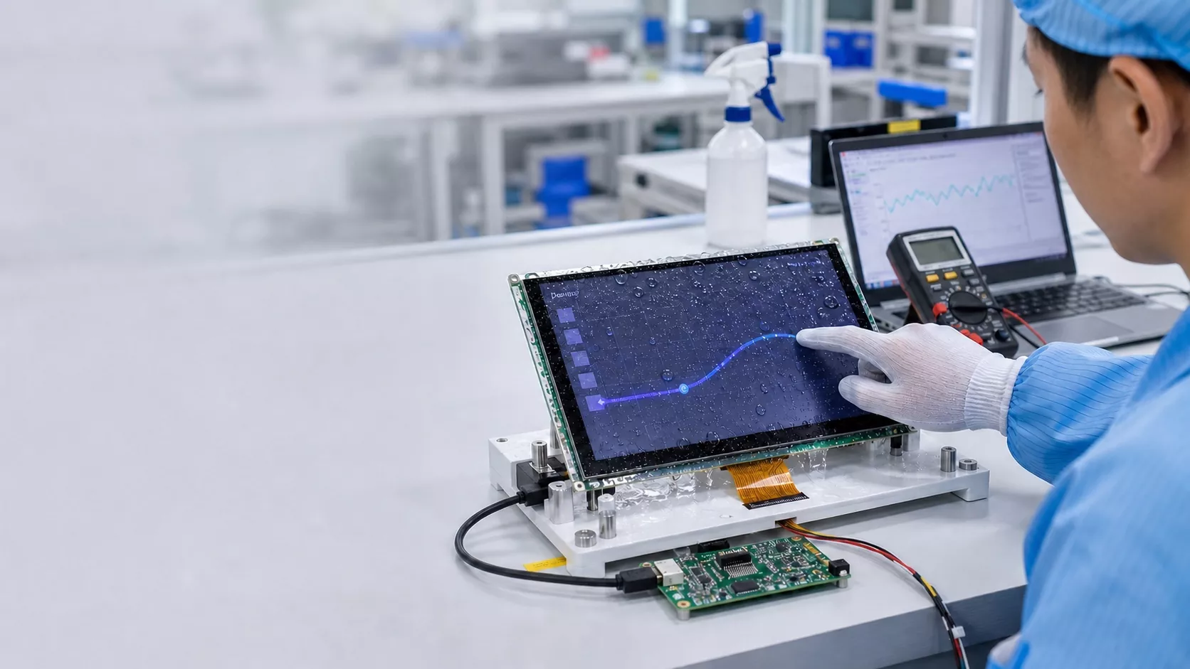 Engineer performing a wet touch trace validation test on a TFT LCD with capacitive touch panel