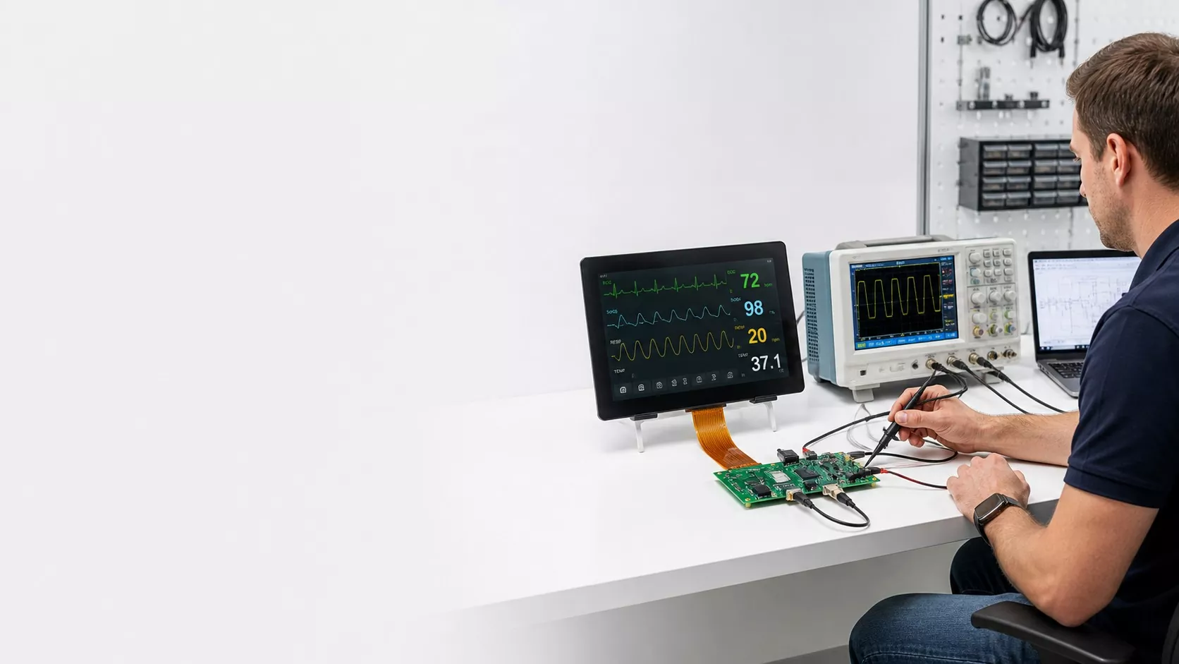 Engineer using an oscilloscope and controller board to verify electrical signals from a powered 10.1-inch TFT LCD with capacitive touch panel