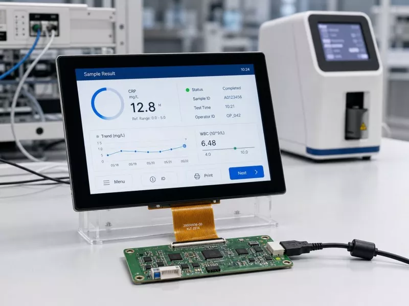 Powered TFT touch display connected to a controller board for integration into medical diagnostic equipment