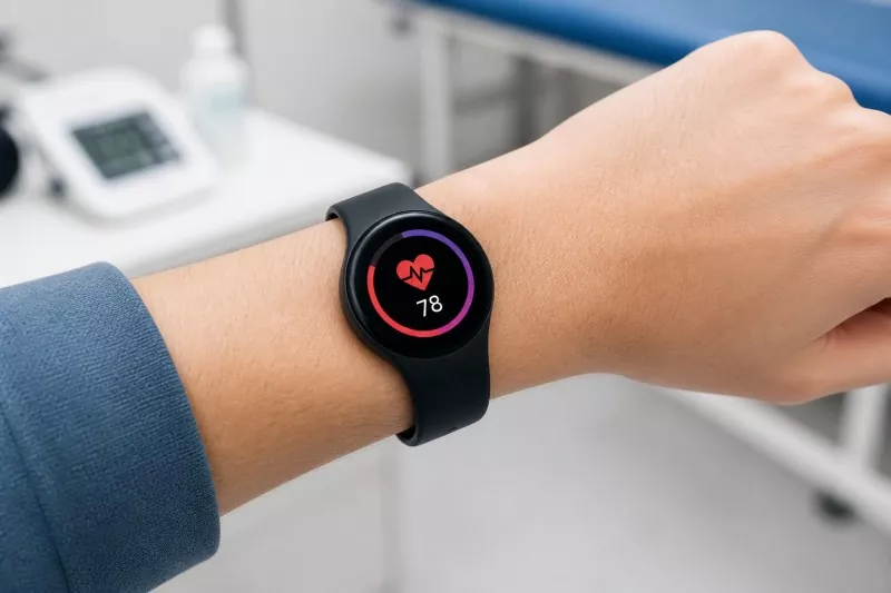 Small reference scene showing the round display integrated into a health monitoring wristband