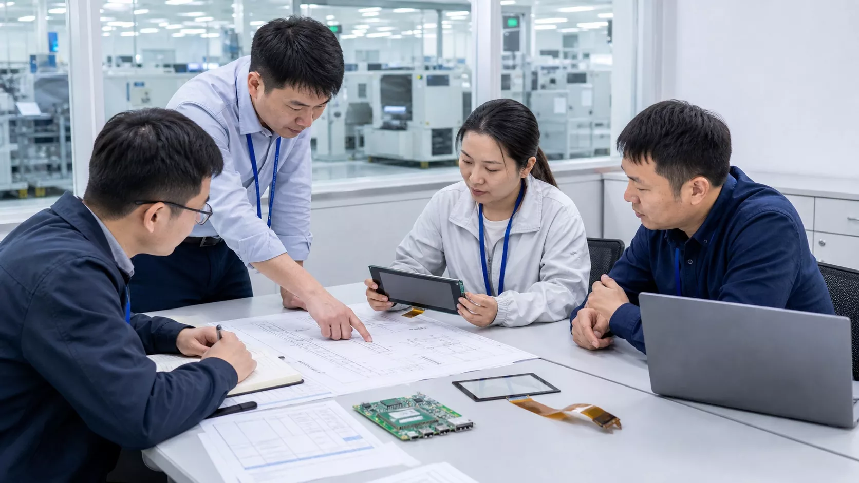 Display engineers reviewing a TFT touch module, controller board, FPC and mechanical drawings before production transfer