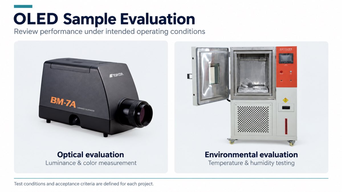 Luminance colorimeter and temperature humidity chamber for display sample evaluation.