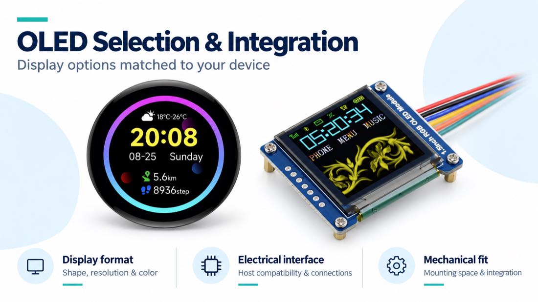 Round OLED display and rectangular OLED module illustrating display selection and integration options.