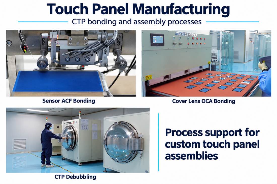 Capacitive touch panel production showing sensor ACF bonding, cover lens OCA bonding and debubbling. Capacitive touch panel production showing sensor ACF bonding, cover lens OCA bonding and debubbling.