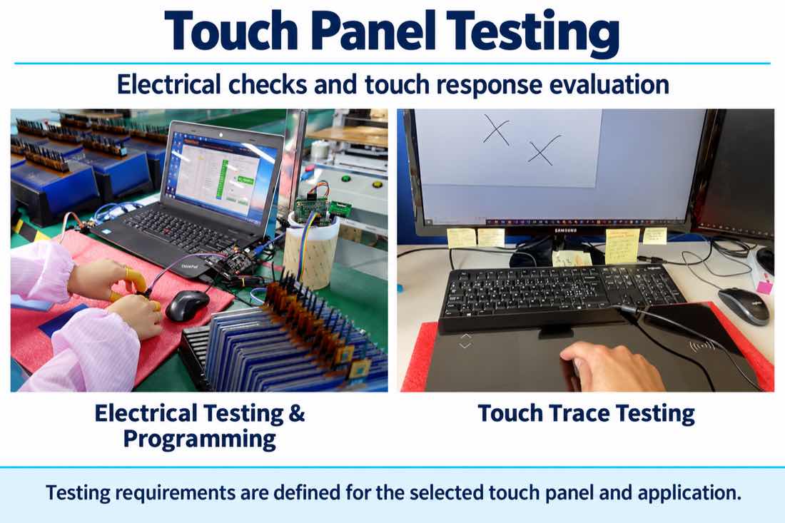 Capacitive touch panel electrical testing, controller programming and touch trace testing.